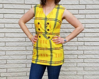 Neiman Marcus Yellow Mod Tunic Top Double Breasted Geometric Print