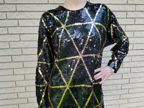 Vintage Glam black & gold sequined Mini dress or … - image 7