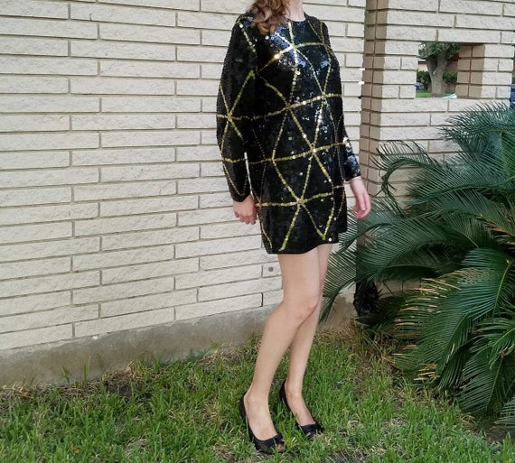 Vintage L'eau Vive Sequin Mini Dress Black & Gold Geometric Party Dress - Etsy Vintage L'eau Vive Sequin Mini Dress Black & Gold Geometric Party Dress - Etsy
