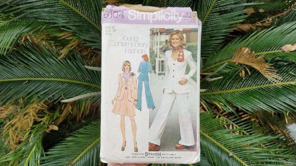 Knit jacket, skirt, & pants sewing pattern Simplicity 6104 vintage 1973 wide leg pants, princess seaming, sweetheart neckline button jacket