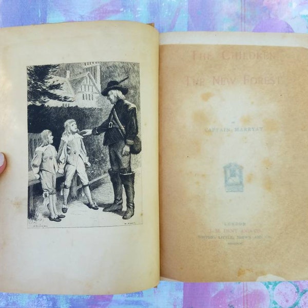 Antique 1896 children's chapter book Children of the New Forest vol 22 of The Novels of Captain Marryat ed by R. Brimley Johnson w etching