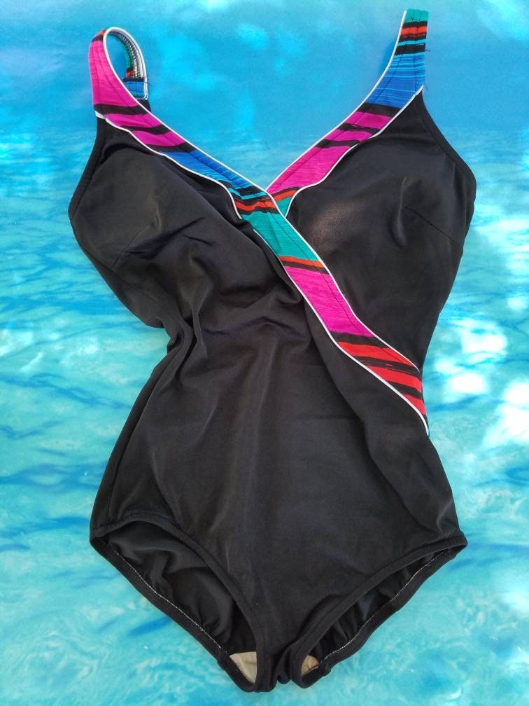 Vintage Swim Suit Bathing Suit Black ROXANNE Bra Sized 80s Do 50s Bombshell  Size 16 / 38DD 