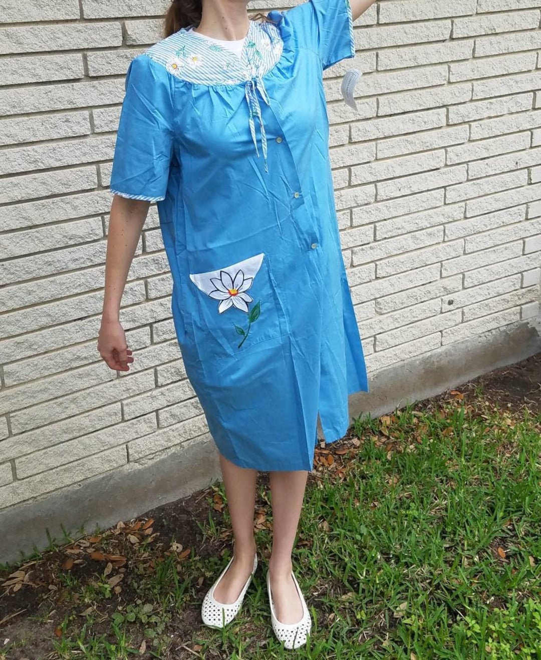 Vintage Daisy Housecoat Duster Chambray Blue Pearly Snap Front - Etsy  Finland