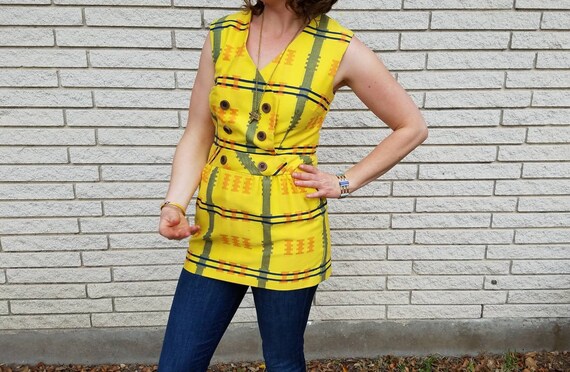 Vintage yellow, blue, and orange plaid double bre… - image 2