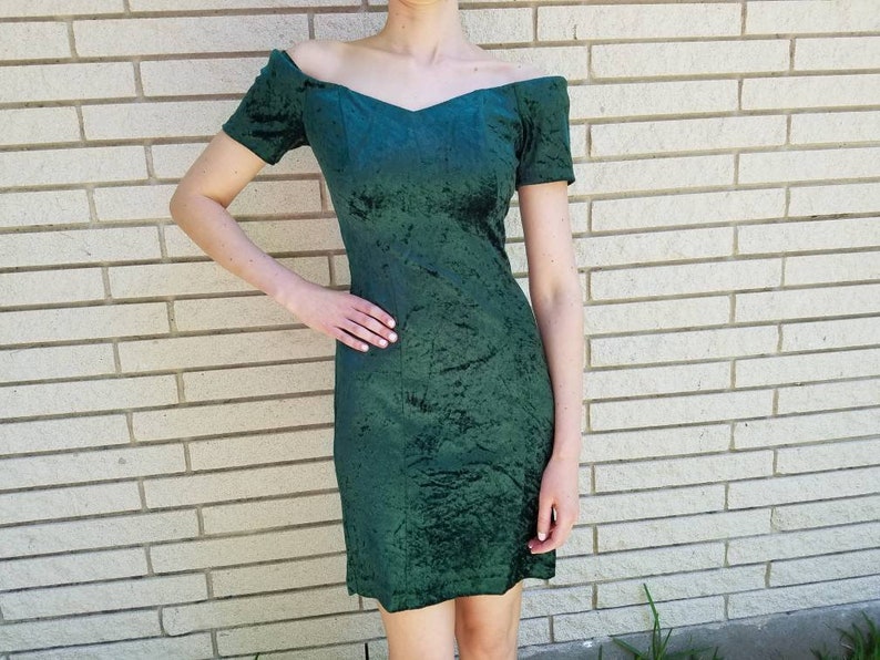 emerald green velvet off the shoulder dress