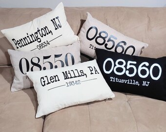 Town and Zip Code Pillow, 12x20 Rectangle Pillow, Custom Order, You Choose Design Style, Font, Pillow Color and Design Color, Free Shipping