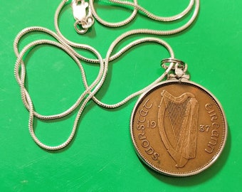 Genuine rare original condition 1937 lucky Irish harp penny 30mm shiny sterling silver setting and premium quality silver chain