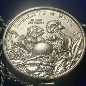 2008 geprägter Halbdollar-Anhänger mit brütenden amerikanischen Adlern, gefasst in Sterlingsilber mit einer 61 cm langen, in Italien gefertigten Sterlingsilber-Seilkette. Sehr seltene Münze der South Mint. Bild 8