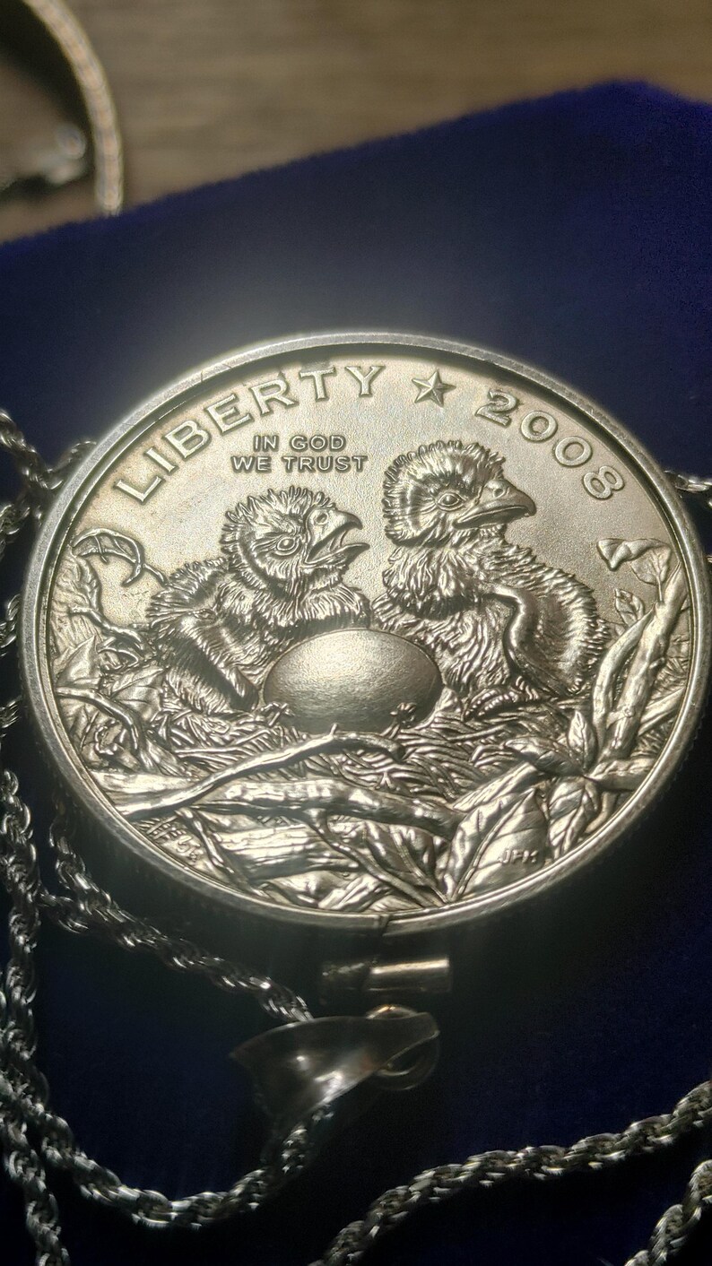 2008 geprägter Halbdollar-Anhänger mit brütenden amerikanischen Adlern, gefasst in Sterlingsilber mit einer 61 cm langen, in Italien gefertigten Sterlingsilber-Seilkette. Sehr seltene Münze der South Mint. Bild 8