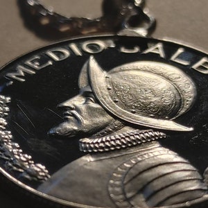 Panama conquistador, 31mm authentic silver proof mirror, coin pendant set on an Italian made sterling silver 2mm rope chain, medio balbos