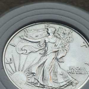 Może przedstawiać: Srebrna moneta półdolarowa "Walking Liberty Half Dollar" z wygrawerowanym rokiem 1943 na dole. Na monecie widnieje kobieta idąca do przodu z gałązką wawrzynu w prawej ręce i w płynnej szacie. Napis "IN GOD WE TRUST" jest widoczny po prawej stronie monety.