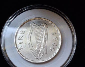 Finer AU+ Uncirculated 1940 Ireland silver half crown horse & harp nicely struck coin strong rims with new holder