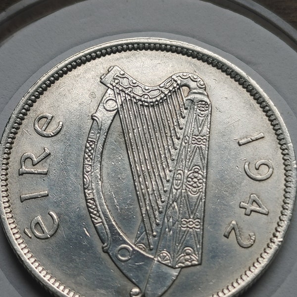 1942 Ireland .750 Silver Half Crown 2s6d 1/2 Coiron, Harp and Hunter horse  AU coin with holder box & COA