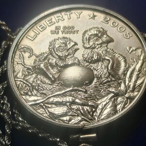 2008 geprägter Halbdollar-Anhänger mit brütenden amerikanischen Adlern, gefasst in Sterlingsilber mit einer 61 cm langen, in Italien gefertigten Sterlingsilber-Seilkette. Sehr seltene Münze der South Mint. Bild 5
