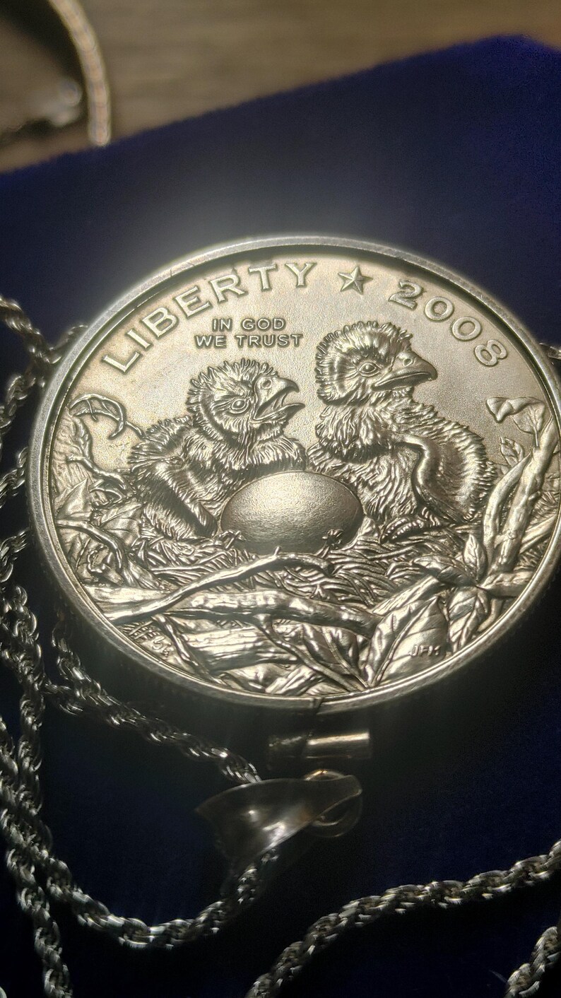 2008 geprägter Halbdollar-Anhänger mit brütenden amerikanischen Adlern, gefasst in Sterlingsilber mit einer 61 cm langen, in Italien gefertigten Sterlingsilber-Seilkette. Sehr seltene Münze der South Mint. Bild 5