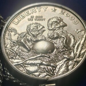 2008 geprägter Halbdollar-Anhänger mit brütenden amerikanischen Adlern, gefasst in Sterlingsilber mit einer 61 cm langen, in Italien gefertigten Sterlingsilber-Seilkette. Sehr seltene Münze der South Mint. Bild 10