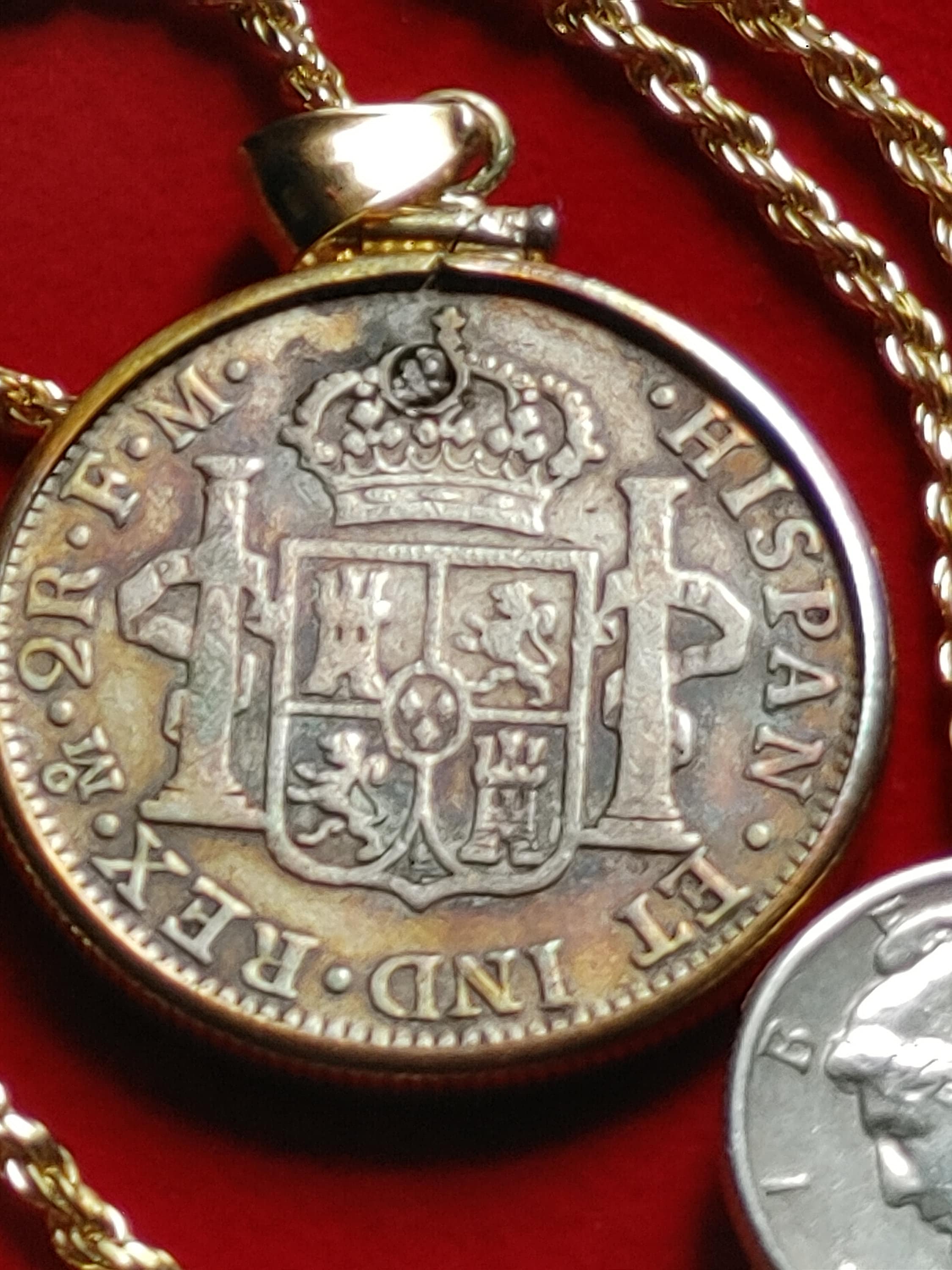 Rare 1799 Spanish Mexico nicely toned treasure coin pendant, gold filled Sterling bezel and rope chain. Scarce find with COA and gift box