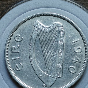 About Uncirculated 1940 Ireland silver half crown horse & harp nicely struck coin strong rims with new holder
