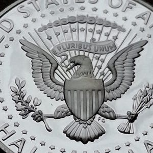 K&ouml;nnte beinhalten: Nahaufnahme einer silbernen Kennedy-Halbdollar-M&uuml;nze. Die M&uuml;nze zeigt die Worte "UNITED STATES OF AMERICA" und "HALF DOLLAR" am Rand. In der Mitte der M&uuml;nze ist ein Adler mit ausgebreiteten Fl&uuml;geln zu sehen, der einen Olivenzweig und Pfeile h&auml;lt.