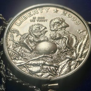 2008 geprägter Halbdollar-Anhänger mit brütenden amerikanischen Adlern, gefasst in Sterlingsilber mit einer 61 cm langen, in Italien gefertigten Sterlingsilber-Seilkette. Sehr seltene Münze der South Mint. Bild 9