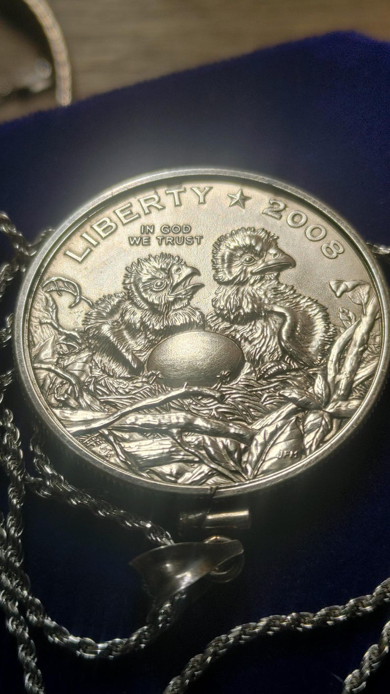 2008 geprägter Halbdollar-Anhänger mit brütenden amerikanischen Adlern, gefasst in Sterlingsilber mit einer 61 cm langen, in Italien gefertigten Sterlingsilber-Seilkette. Sehr seltene Münze der South Mint. Bild 9