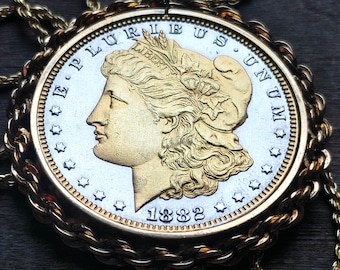 1882 Morgan Silver Dollar Pendant: 24K Gold-Filled Chain