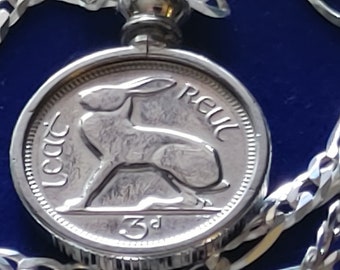 1967 Ireland rabbit coin pendant authentic and sterling silver Figaro  chain, 18&quot; 45cm chain