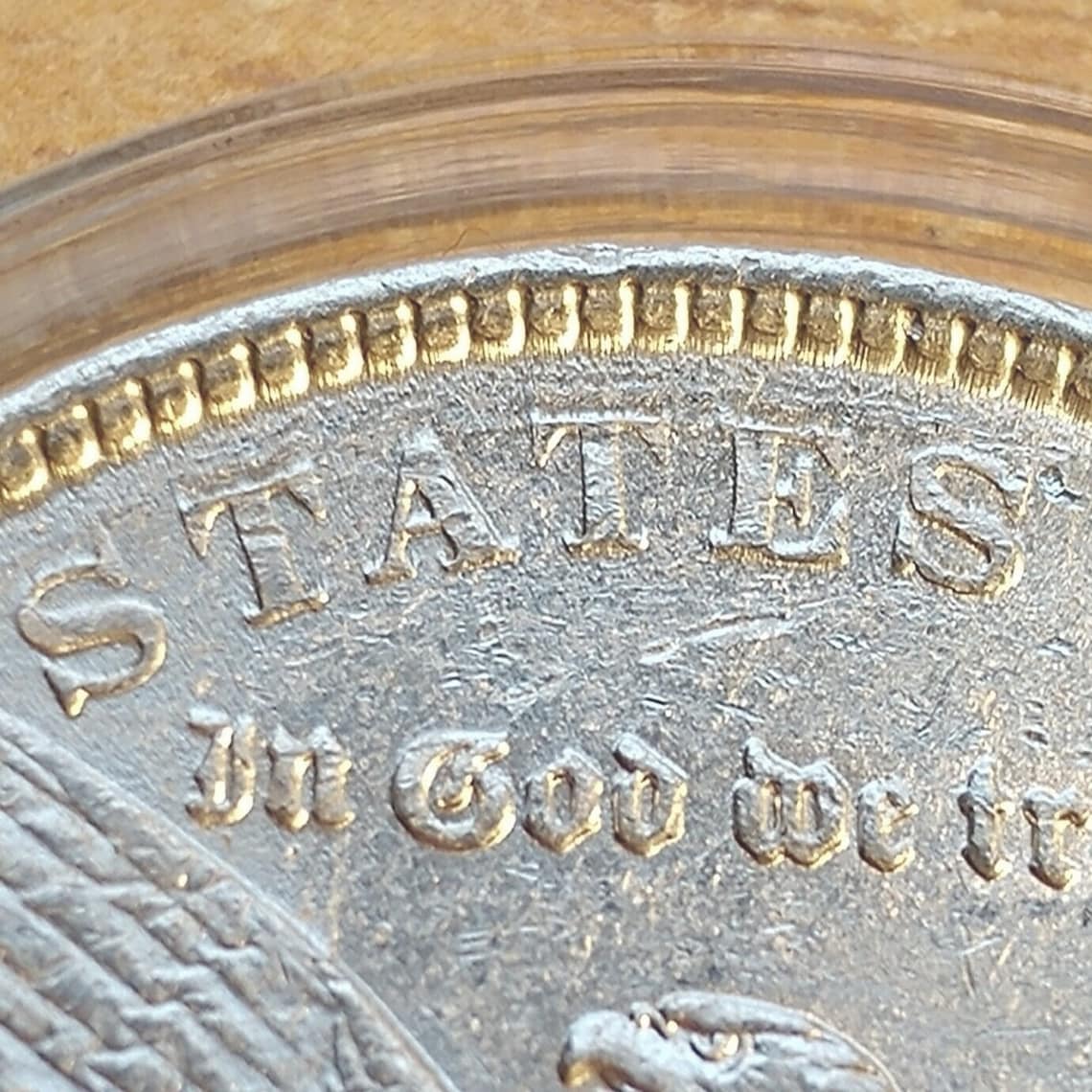 AU 1886 Morgan Silver Dollar Error stretch strike legends. image 5