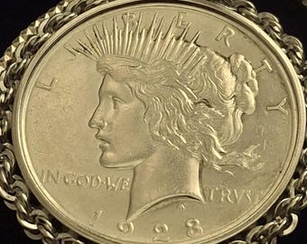 1923 US Silver Peace Dollar coin necklace, 30" Italian Sterling Silver Round chain, COA & gift box, 46mm diameter.