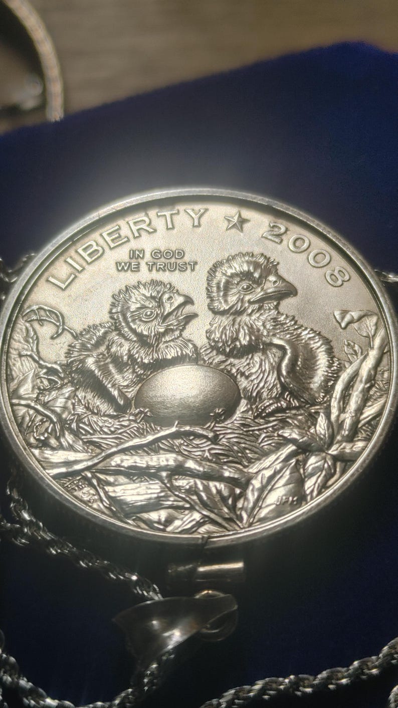 2008 geprägter Halbdollar-Anhänger mit brütenden amerikanischen Adlern, gefasst in Sterlingsilber mit einer 61 cm langen, in Italien gefertigten Sterlingsilber-Seilkette. Sehr seltene Münze der South Mint. Bild 6