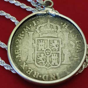 Rare 1784 Spanish .896 Silver 2 Reale coin pendant Minted under King Carolus III, with Stamped COA and Velvet display gift box inc.