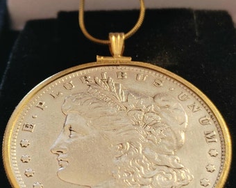 True Americana 1891 O New Orleans Minted Morgan American Silver Dollar Pendant and 18kgf Gold Filled snake chain. 38mm w COA & Box