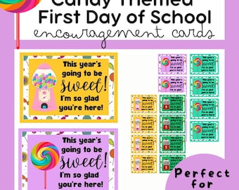 Biglietti d'auguri a tema caramelle per il primo giorno di scuola: incoraggiamento per gli studenti (download PDF)