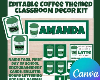 Pacchetto decorazioni per aule caffè: etichette con nome modificabili, lettere per bacheche (modello Canva scaricabile digitalmente)