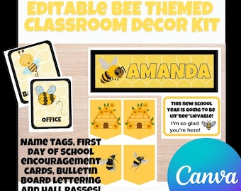 Set di decorazioni per l'aula a tema api: modelli Canva modificabili (download digitale)