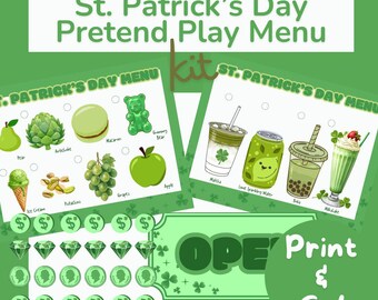 Menù di gioco di finzione per il giorno di San Patrizio, gioco drammatico stampabile, classe per la scuola materna e l'asilo, gioco per famiglie con istruzione parentale, download digitale