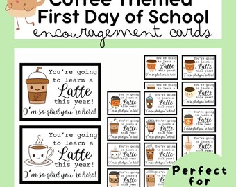 Biglietti d'auguri per il primo giorno di scuola a tema caffè: incoraggiamento per gli studenti (download PDF)