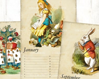 Alice in Wonderland Birthday Perpetual Calendar, Printable Digital Forever Calendar,  JPEG PDF  Download, Tenniel Vintage Shabby (C015-b)