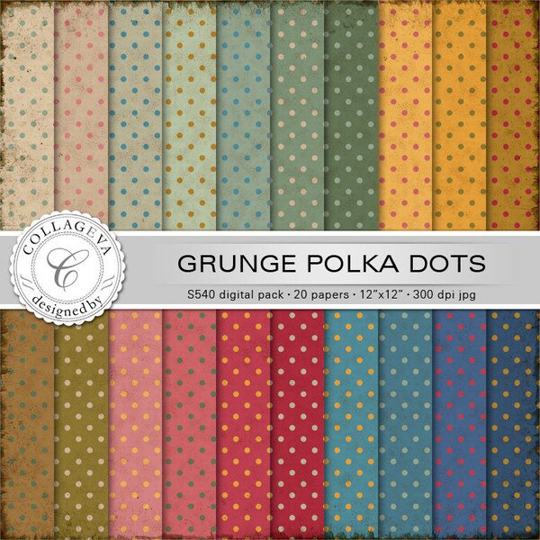 Grunge Polka Dots Digital Paper Pack, 20 printable sheets, 12”x12” INSTANT DOWNLOAD, vintage rainbow set, green ocher beige red blue (S540)