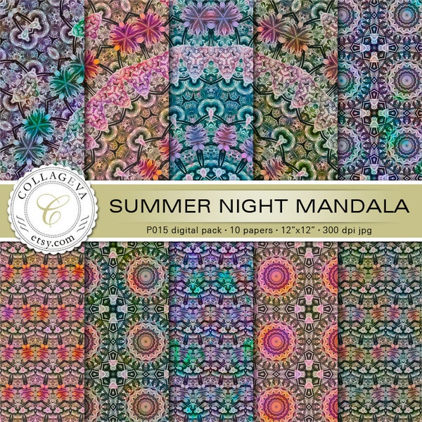 Summer Night Mandala, Digital Paper Pack, 10 printable sheets, 12”x12” INSTANT DOWNLOAD, blue, purple, scrapbook, large kaleidoscope (P015)