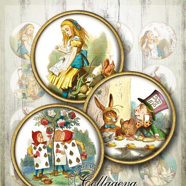 Alice in Wonderland Digital Collage Sheet 1.5" 1.25" 30 mm 25 mm 1 inch circles Round images for pendant DIY jewelry Cupcake topper (EN02-c)