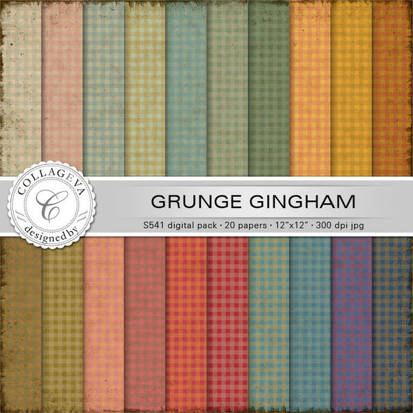 Grunge Gingham Digital Paper Pack, 20 feuilles imprimables, 12"x12 » Carreaux Motif vintage couleurs vert ocre beige rouge bleu (S541)