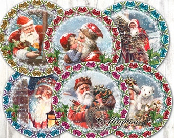 Vintage Santa Claus Digital Collage Sheet 4"3 » 2.5 » 2 pouces cercles, Round Coasters, Victorian Christmas Ephemera Xmas Wreath Noel (EC03-c)