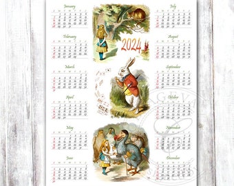 2024 Printable Calendar, Digital DIY Year Calendar, Alice in Wonderland wall art, 8x10” PDF jpeg download, Tenniel vintage calendar (C018