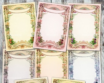 Branchy Frame Digital Cards Jewelry Holder ACEO Tag ATC Pale green, blue, rose red purple Striped Background Flowers Banner Ribbon (T011-a)