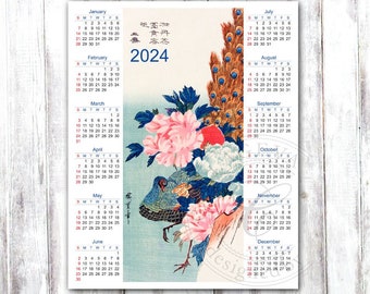 2024 Printable DIY Year Calendar Japanese watercolor Peacock Asian Flower, Bird wall art 8x10” Digital Calendar, Oriental painting (C002-24)