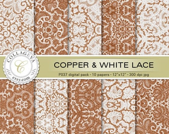 Copper & White Lace, 10 Digital Papers 12x12” Printable Sheets, Scrapbook background, Vintage Rustic Elegant Wedding, Gift Wrapping (P037)