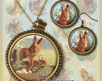 French Rabbit Digital Collage Sheet, 20, 18, 16, 14, 12 mm circles, images for earrings, bunny, chick, spring Easter Forget-me-not (EC01-c)