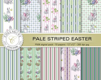 Pale Striped Easter Digital Paper Package, 10 printable sheets, 12”x12” INSTANT DOWNLOAD, scrapbook paper, wrapping, bunny egg vintage (P506