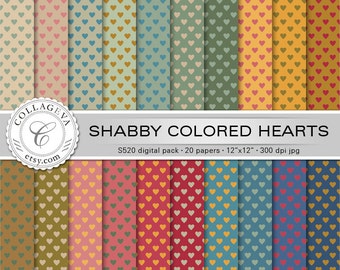 Shabby Colored Hearts, Digital Paper Pack, 20 printable sheets, 12”x12” INSTANT DOWNLOAD, pale green, ocher khaki blue, vintage style (S520)